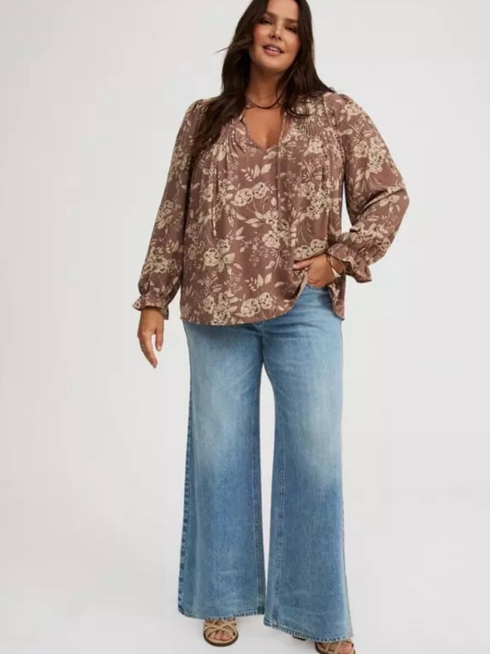 torrid Taupe Floral Tie-Neck Blouse - Picture 2 of 10